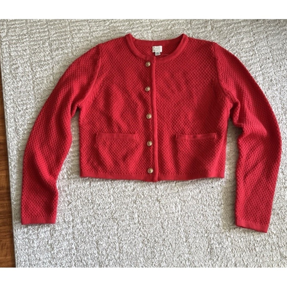 Red Textured Knit Cardigan NWT Women Button Gold Front Sweater Pockets Size S